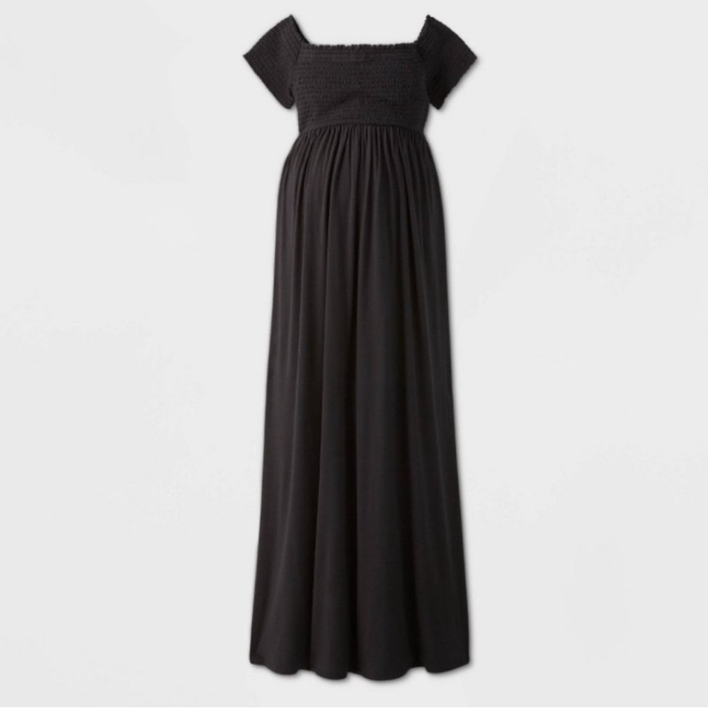 Ingrid and Isabel Black Smocked Maternity Maxi dress